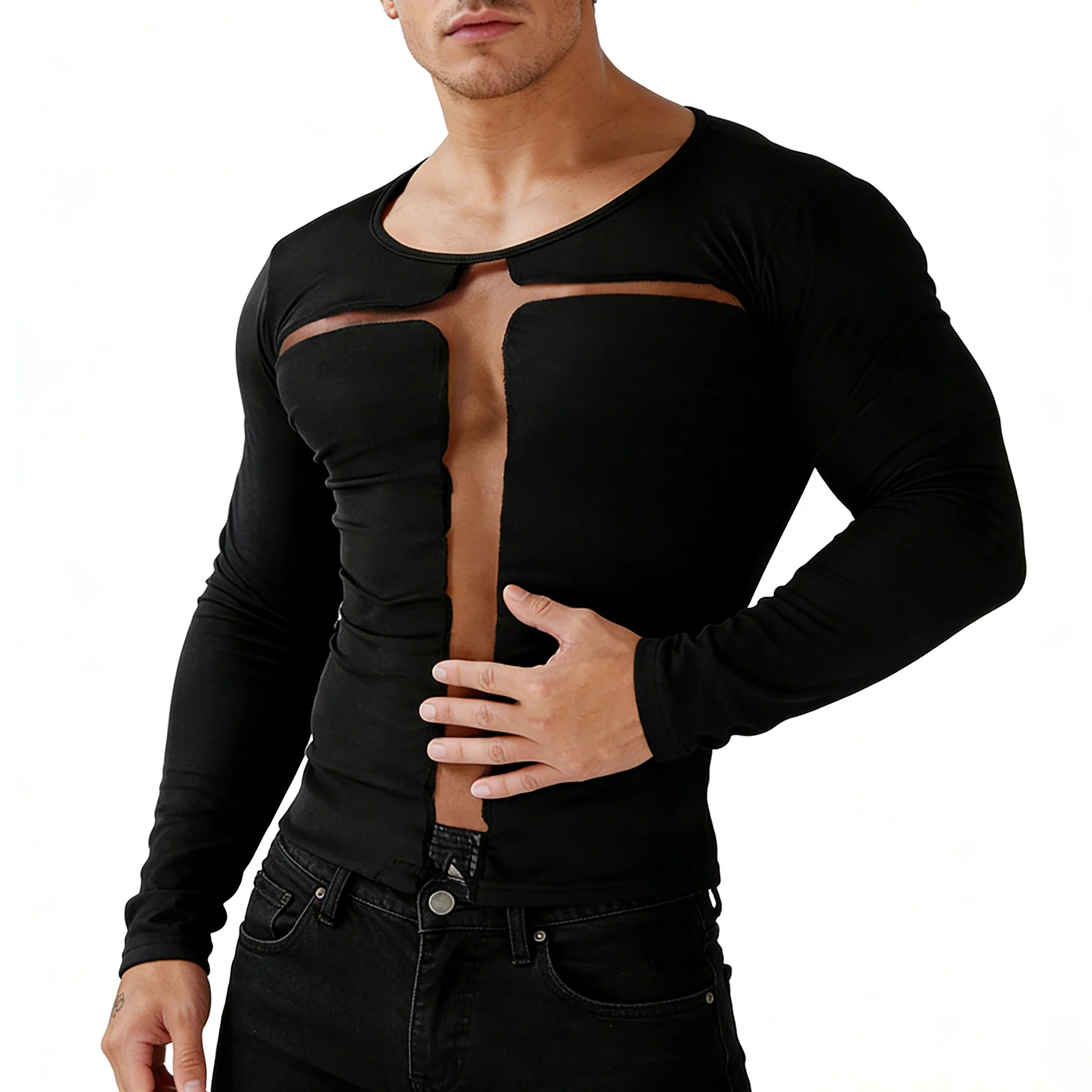 Gothic T-shirt Fashion Men Streetwear Mesh Cross Casual Spring Tees Tops Y2K Long Sleeve High Quality Party Tshirt Autumn