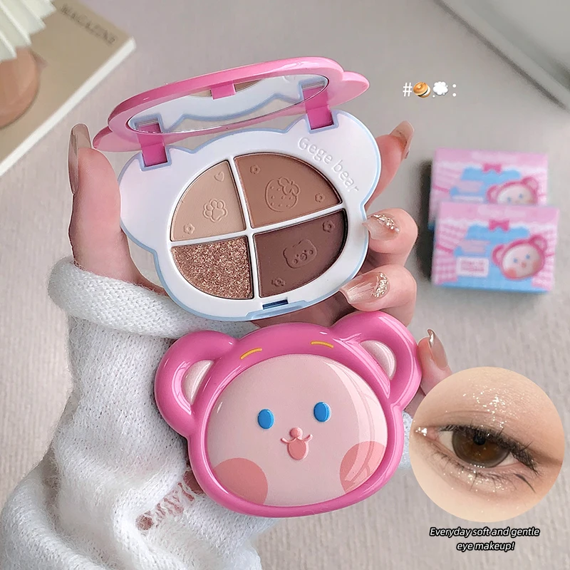 Gege Bear Cute Bear 4 Colors Eyeshadow Palette Matte Shimmer Glitter Nude Warm Tone Easy Blend Pigmented Portable With Mirror Lo