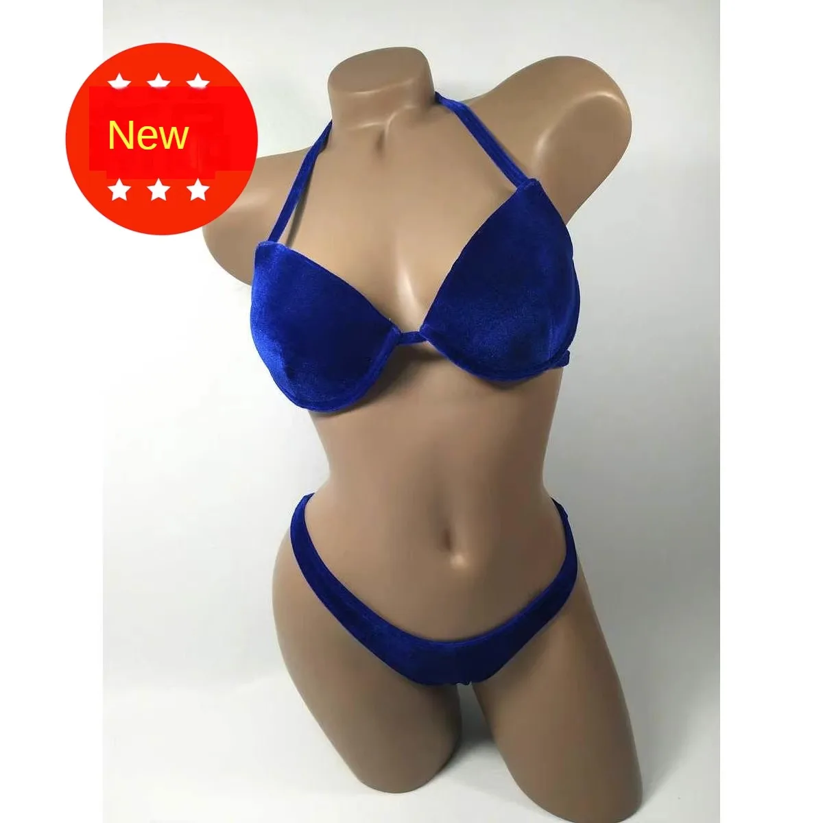 

New Bodybuilding Competition Bikini Suit Shape Fitness Belt Steel Bracelet Chest Cushion Blue Velvet Split