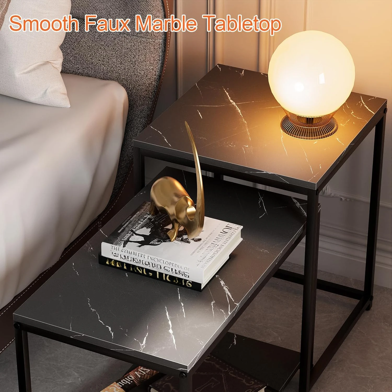 Coffee Table , Modern Design for Living Room & Bedroom, Faux Marble Center Table with Storage, Set of 2 Nesting Side Tables