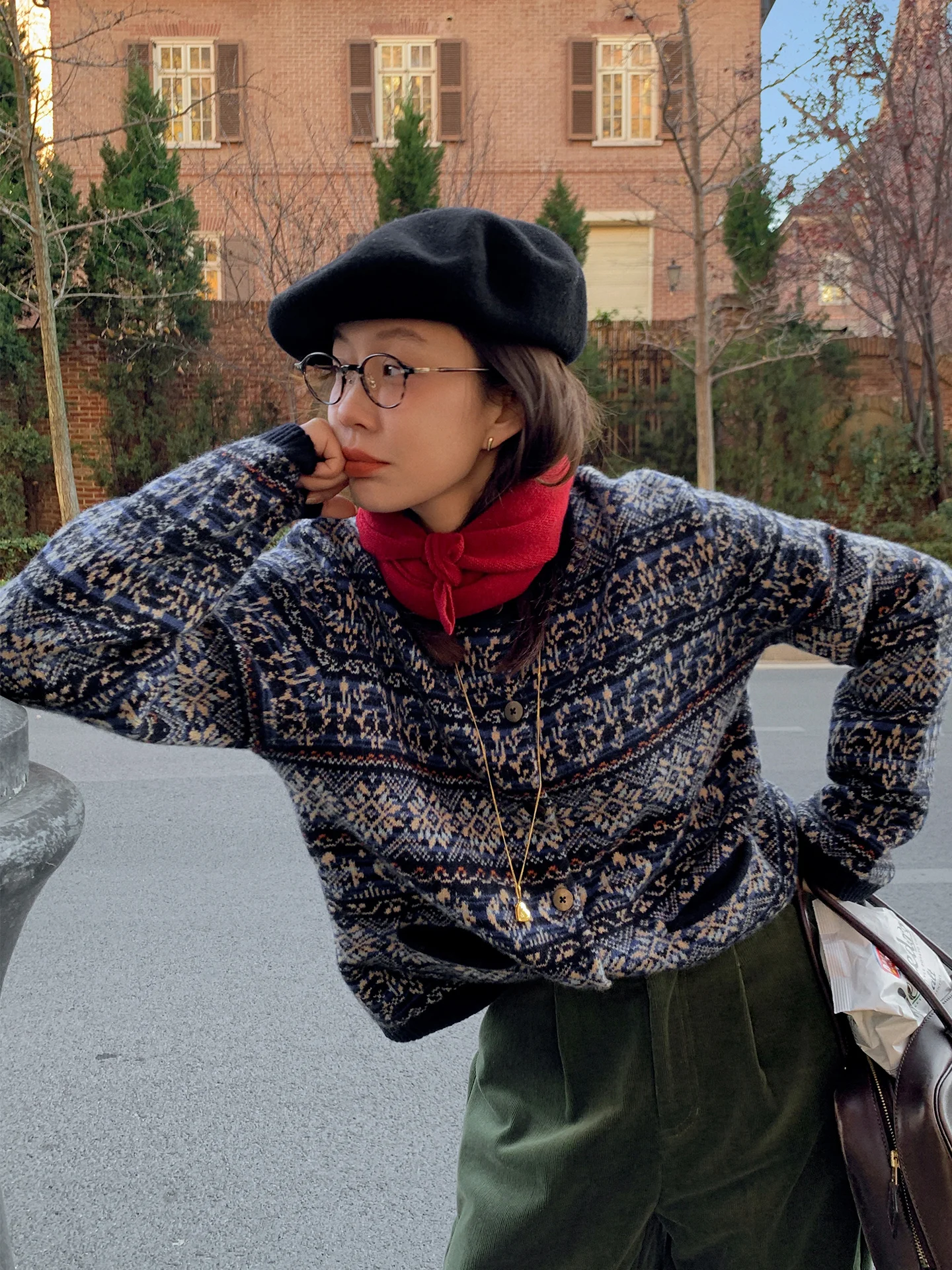 

Вязаный кардиган в стиле ретро Fair Isle с круглым вырезом, женский свитер-пальто из 100% шерсти, в рубчик, повседневный, с длинными рукавами, осенне-зимний топ