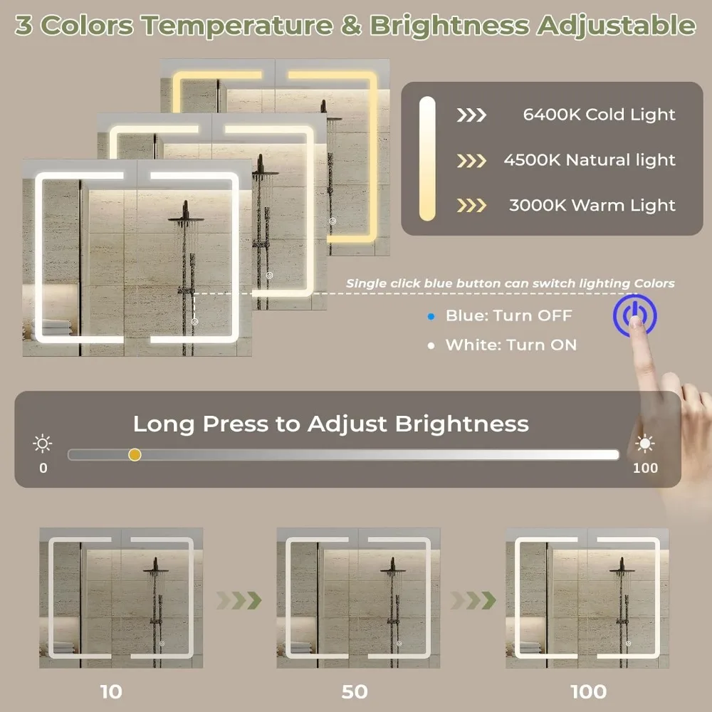 鏡とLEDライト付きの薬箱、両開きドア、壁掛け鏡、バスルーム収納、27.6x23.62"