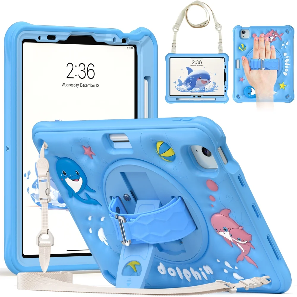 For iPad Mini A17Pro Mini6 Kids Cute Case for iPad Air 4 5 10.9 Pro11 Air11 Cartoon Silicone Wrist Strap Shoulder Rotation Cover