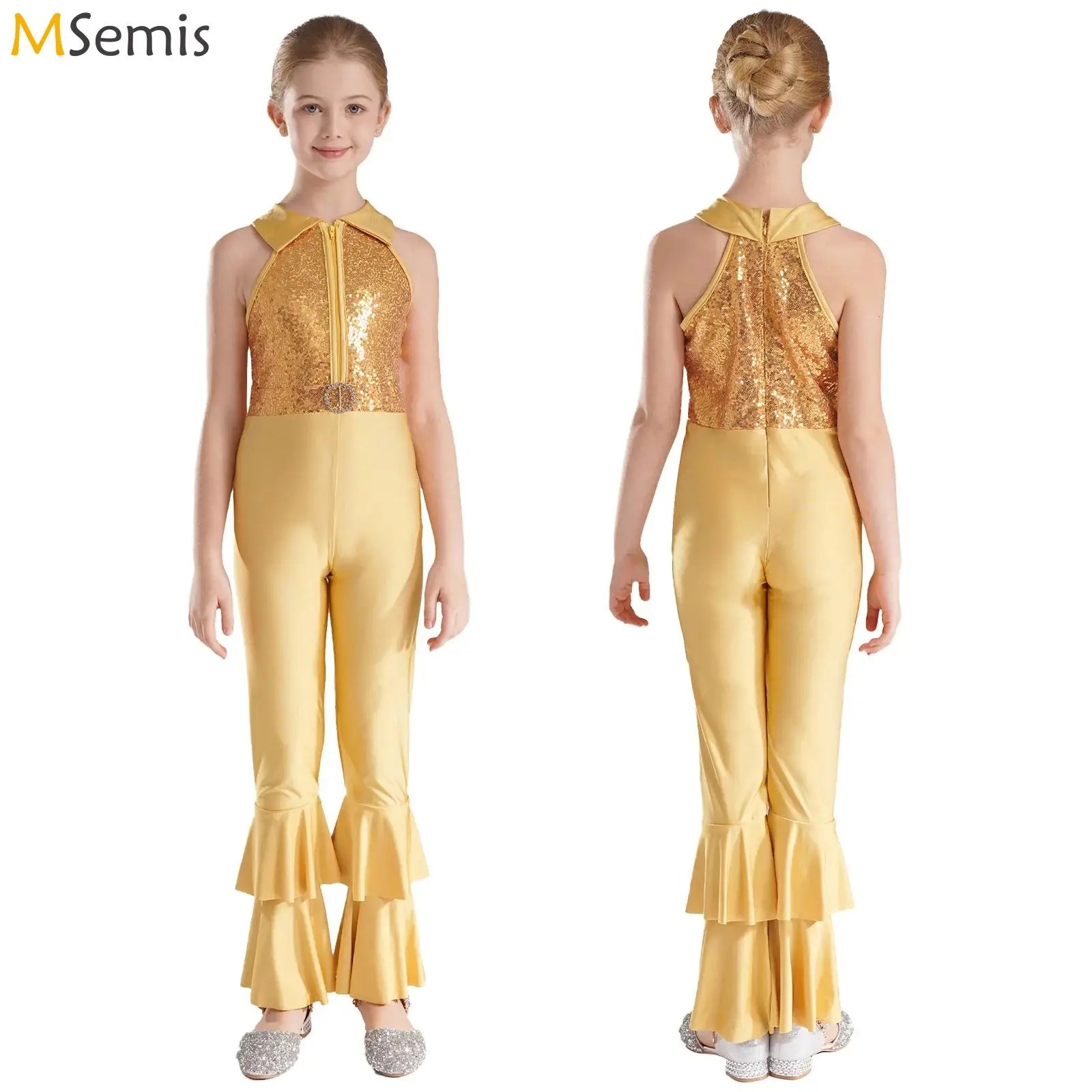 Girls Shiny Sequins Jazz Dance Performance Costumes 70s Hippie Jumpsuit Latin Jazz Dancing Bell-bottom Long Pants Full Bodysuit