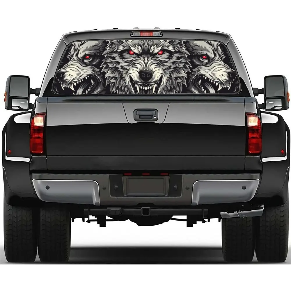 Three Wolves with Angry Glare PVC Perforated Car Vinyl Wraps, Privacy Enhancing Design for Rear Window, Car Rear Windshield Stic