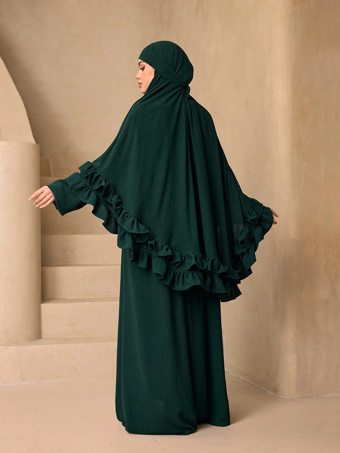 Elegant Ruffle Layer Khimar Abaya Two Piece Set,Loose Modest Long Prayer Dress With Flounce Hijab For MuslimWomen Eid Daily Wear view 2