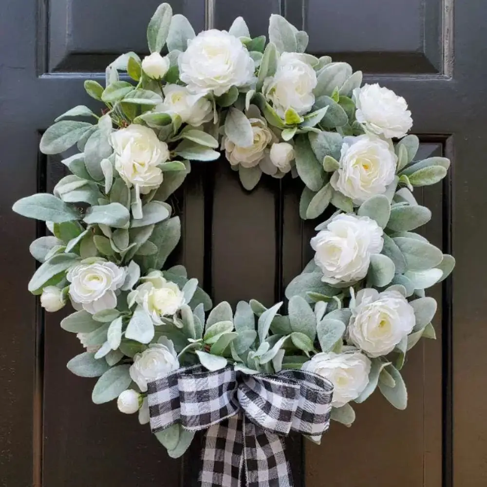 

Весенне-летний венок из листьев с пионами и кроличьими ушками, искусственный цветок пиона, венок для домашней двери, подвесные украшения