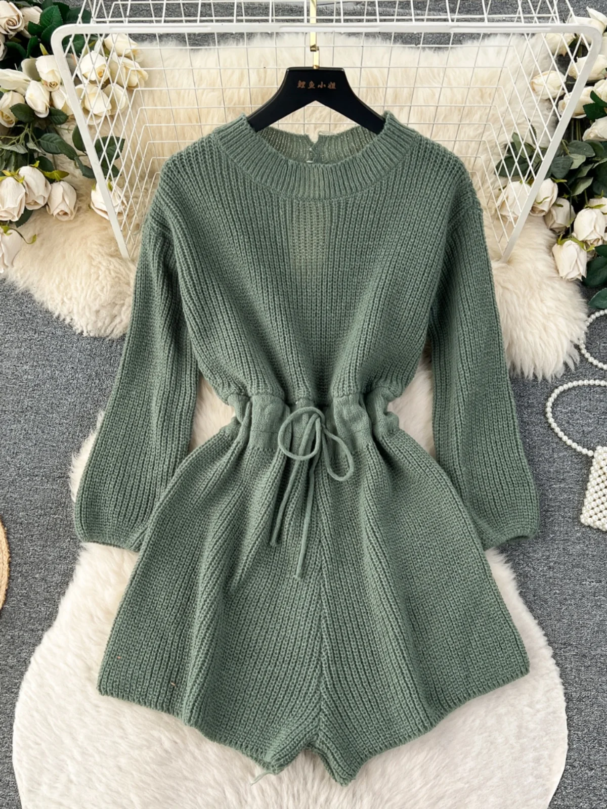Faionable Knitted One-Piece Pants Women's High Waist Hollow out round Ne Waist-Cinching Sweater orts Autumn Winter