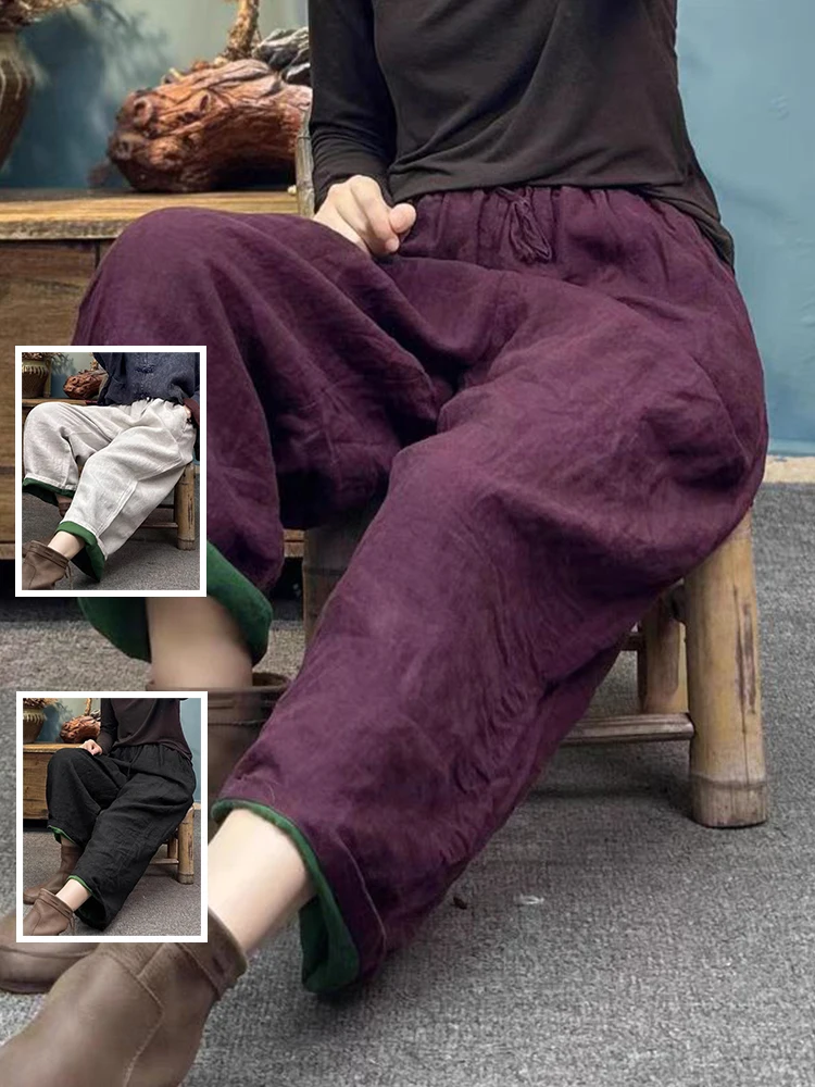 

Повседневные широкие хлопковые льняные брюки с эластичной резинкой на талии и манжетами для похудения, прямые летние брюки для женщин больших размеров