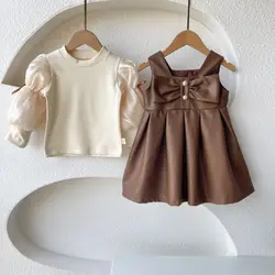 Childrens Set Girls Underlay Leather Skirt Two Piece Baby Skirt Puff Sleeve Simple Childrens Clothing Zipper Pleated