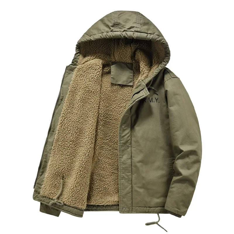 Retro Thickened Military Cotton Padded Mens Jacket Autumn Winter Long Sleeve Hooded Coat Zipper Outerwear Male Tops Size 5XL