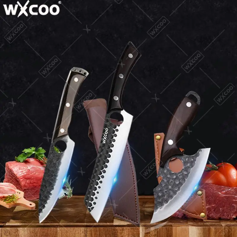 

WXCOO Professional Wooden Handle Handmade Forged Boning Knife Durable Kitchen Knife Multifunctional Bottle Opener Butcher Knife