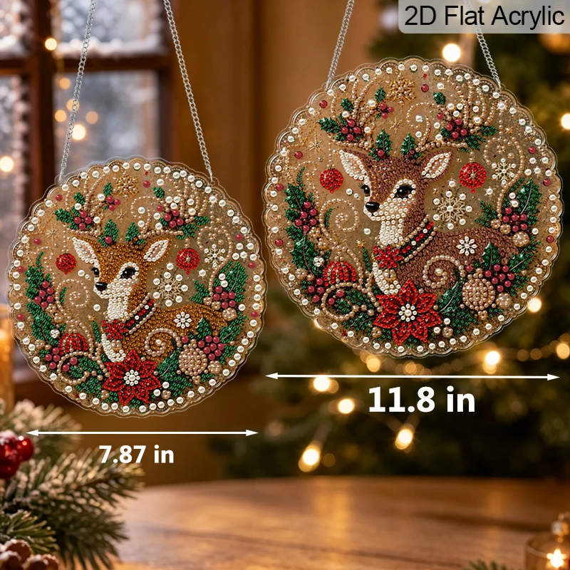 2D Flat, 1pc 11.8in/7.87in Round Acrylic Christmas Pearl Diamond Painting Hanging Ornament, Cute Reindeer Floral Pattern, Mixed