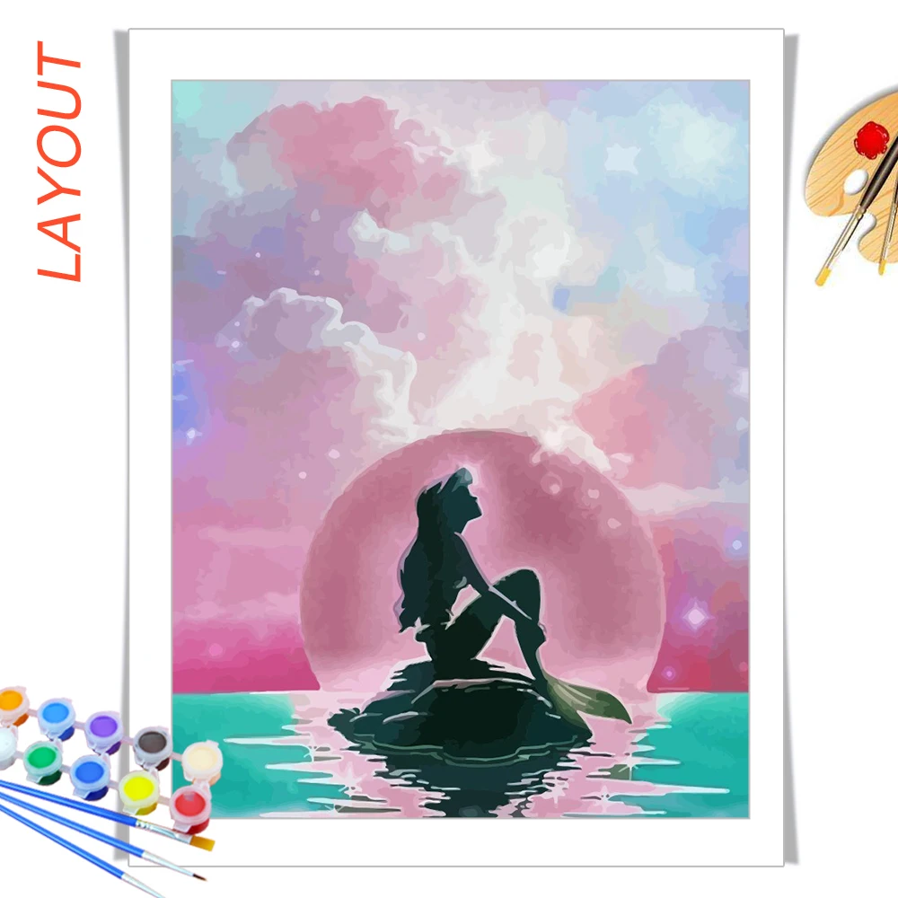 Disney Princess Painting By Numbers Mermaid Ariel Winnie DIY Drawing Toy Story Cars Bambi Cartoon Acrylic Paint Wall Decor