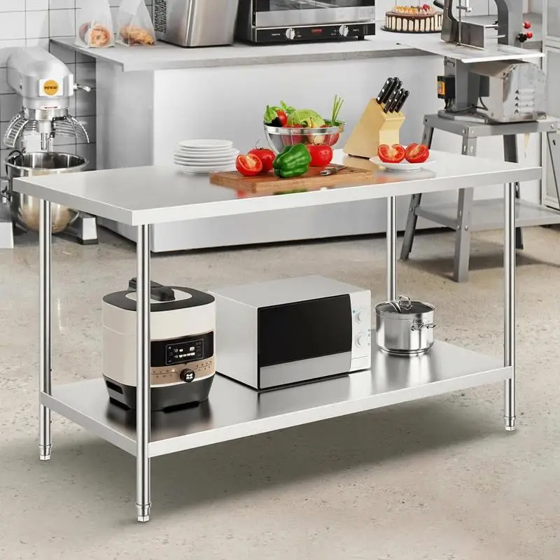 Table de préparation en acier inoxydable, table de travail robuste en métal avec 3 niveaux de hauteur réglables, poste de travail commercial pour cuisine, garage, restaurant, cour arrière 762 x 1524 x 864 mm