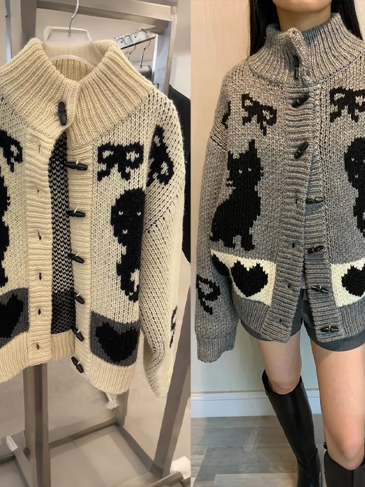 

Стильный женский свободный свитер с вышивкой собаки и вышивкой крючком, воротник-стойка, осенне-зимний трикотаж, повседневный, для работы и отдыха