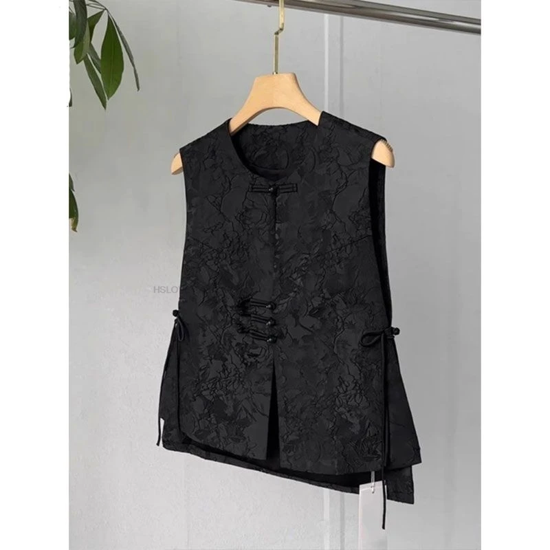 

Autumn Women's Black Vest In Chinese Style With Floral Pattern Sleeveless Autumn And Spring New Traditional Tang Suit Jacket
