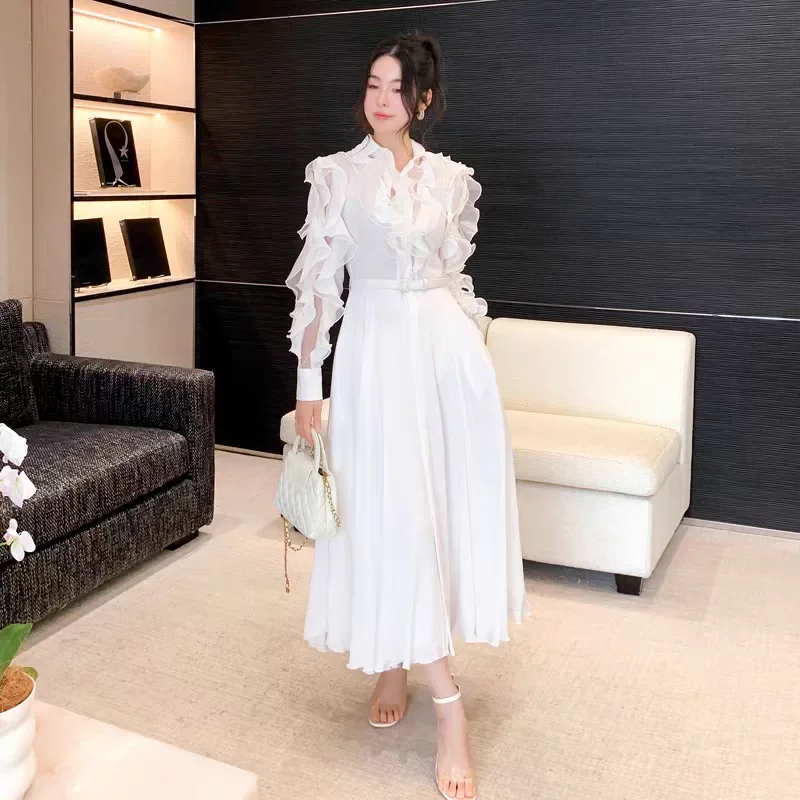 ⁠High End 100% Pure Silk White Pleated Shirt Dress Designer Ruffle Long Sleeve Elegant Belted Maxi Gown for Party Holiday⁠