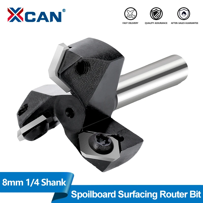 XCAN 1pc 6.35 8mm Shank CNC Surfacing Router Bit Insert-Style Spoilboard Face End Milling Cutter Carbide Planer Bit For Wood