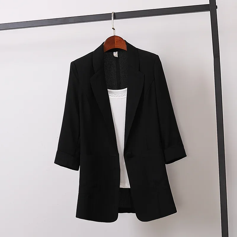 2023 Spring Autumn cotton linen plus size Blazer jacket women Solid 3/4 sleeve Loose Casual Suit Fashion Women Outerwear Tops