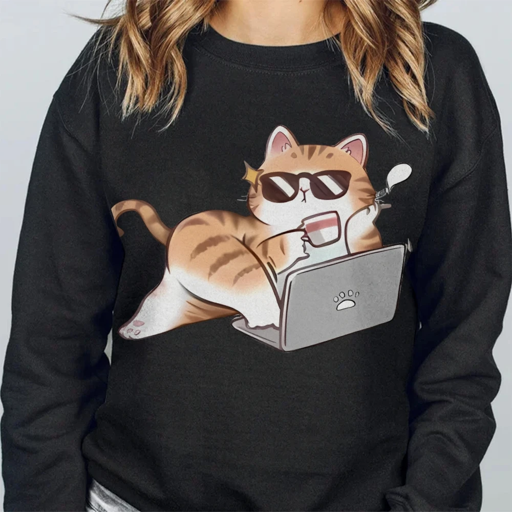 Trabalhando ocupado elegante gato sweatshirts feminino casual crewneck manga longa hoodies solto confortável moda outono feminino topos