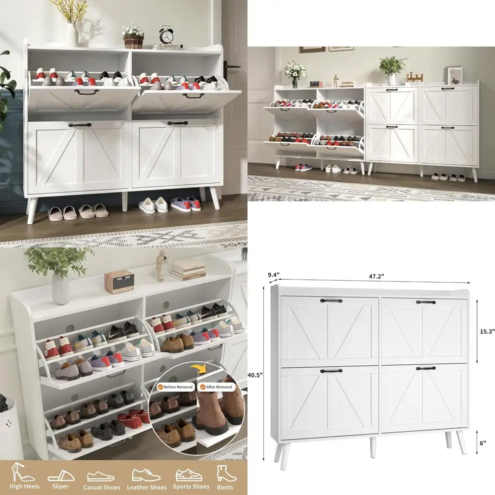 Large Slim Shoe Storage Cabinet with 4 Flip Drawers, Freestanding Farmhouse Style Organizer for Entrance Hallway