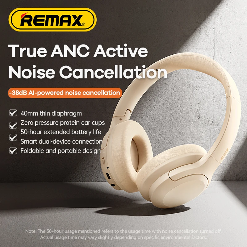 REMAX True ANC Active Noise Cancellation Wireless Headphone Bluetooth 5.3 Earphone HIFI Audio Sound AUX Input RB-900HB