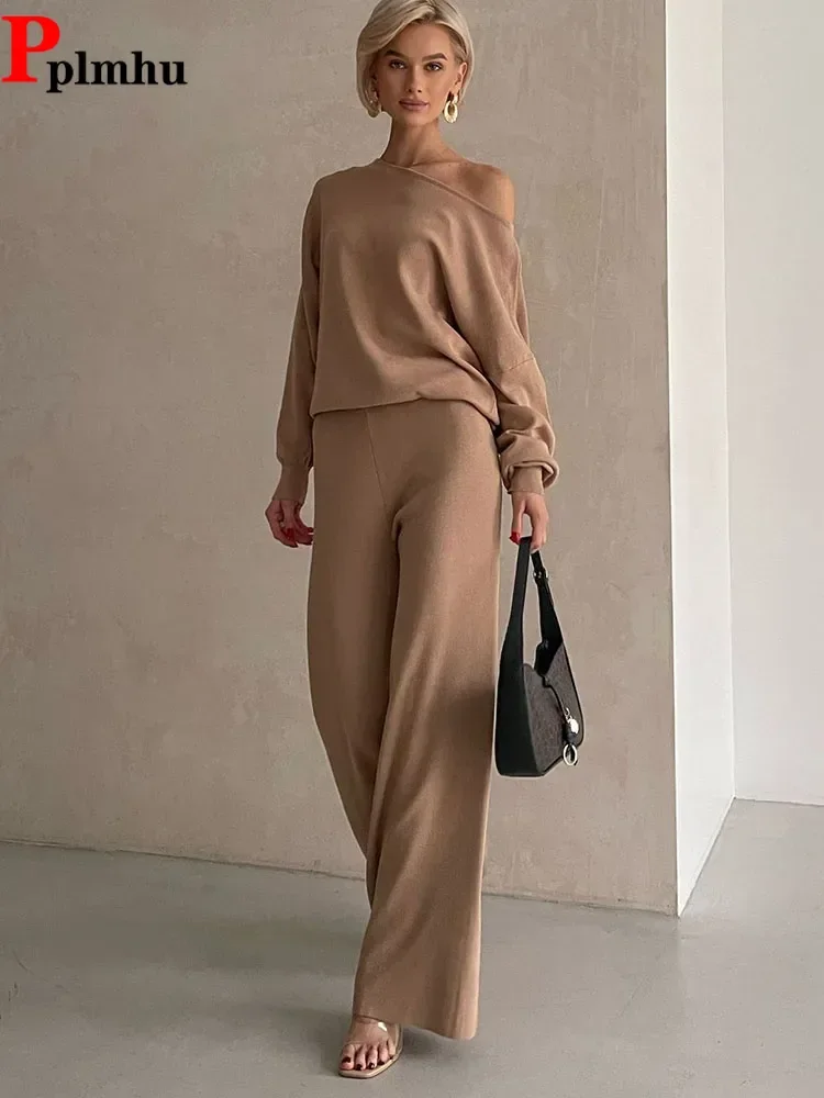 

Women Skew Collar Long Sleeve Knitwears Pullover Conjuntos High Waist Wide Leg Pants Outfit New Korean Sexy Knitted 2 Piece Sets
