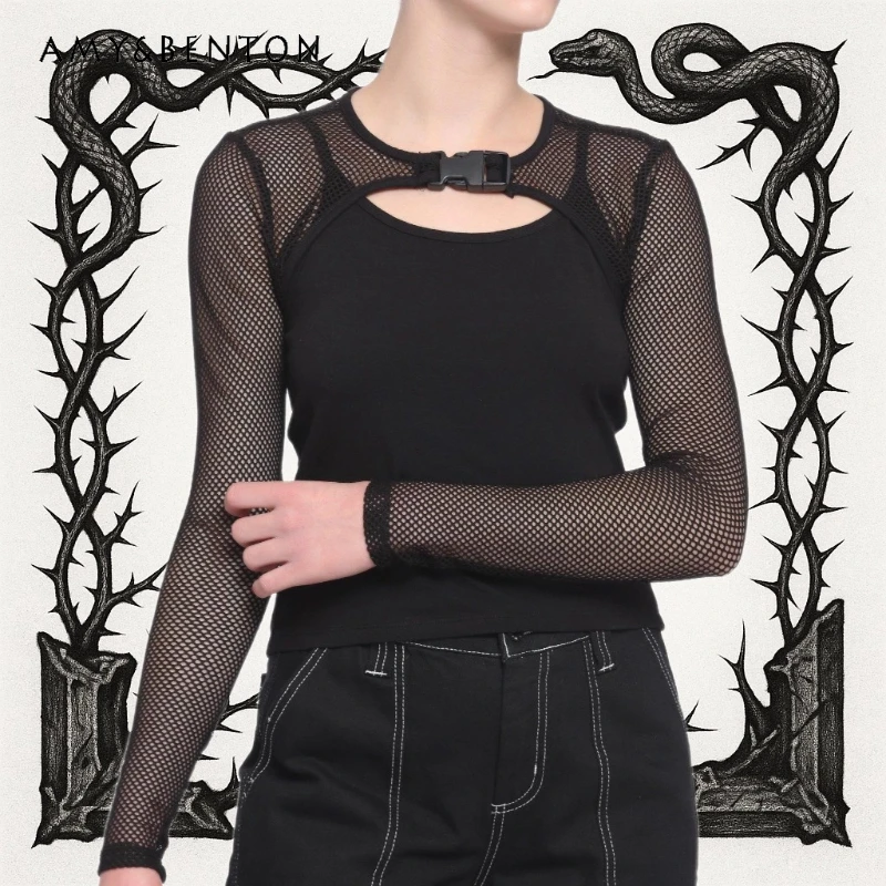 

Темный готический дизайн, субкультура, прозрачный ажурный женский топ в стиле панк, уличные поддельные футболки из двух частей с длинными рукавами, женские