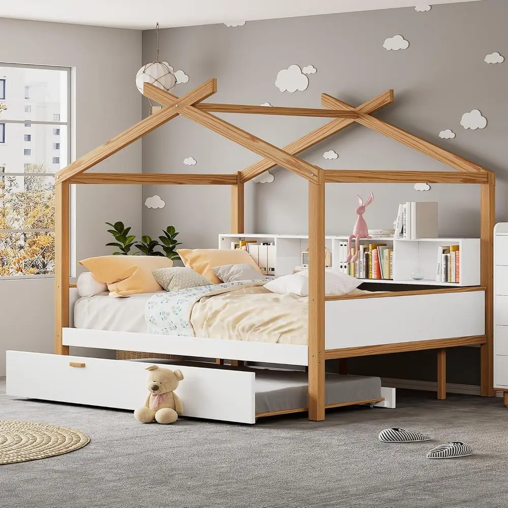 

Elegant Twin Size Wooden Bed with Natural Wood Finish, Trundle & Bookshelf Storage, Ideal for Kids or Guest Rooms, White & Natur