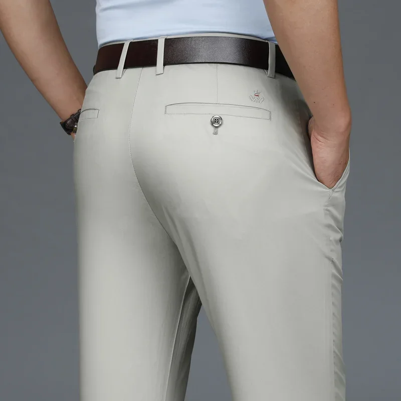 Autumn Casual Men\'s Lyocell High Stretch Business Suit Pants Classic Male Beige Elastic Waist British Style Trousers Plus Size