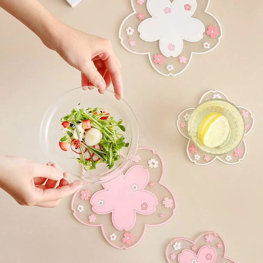 Cute Sakura Cherry Blossom Pattern PVC Coaster Set of 2 Pink Flower Tea Cup Mat Anti-Slip Drink Mug Pad for Desk Table Home Decor Kawaii Accessories Small Placemat - view 6
