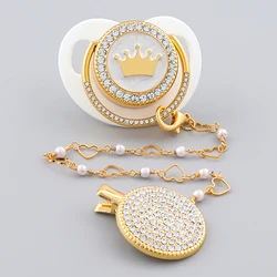 Luxury Baby Corwn Pacifier Gold With Clips Hot Sell BPA Free Silicone Infant White Pacifier For Baby Shower Gift Chupetes