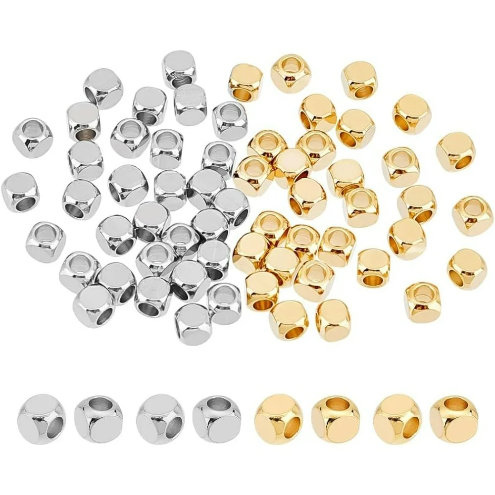 60Pcs 2 Colors Stainless Steel Beads Cube Beads Faceted Geometry Beads 2mm Hole Spacer Bead Metal Bracelet Bead for Bracelets