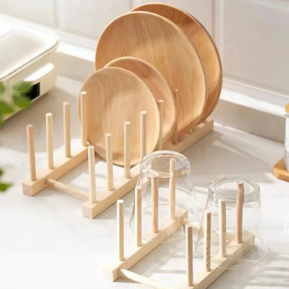 1pcs Kitchen Dish Drain Rack Tray Plate Drying Shelf Wooden Book Cups Display Stand Drainer Holder Wood Dish Drying Rack