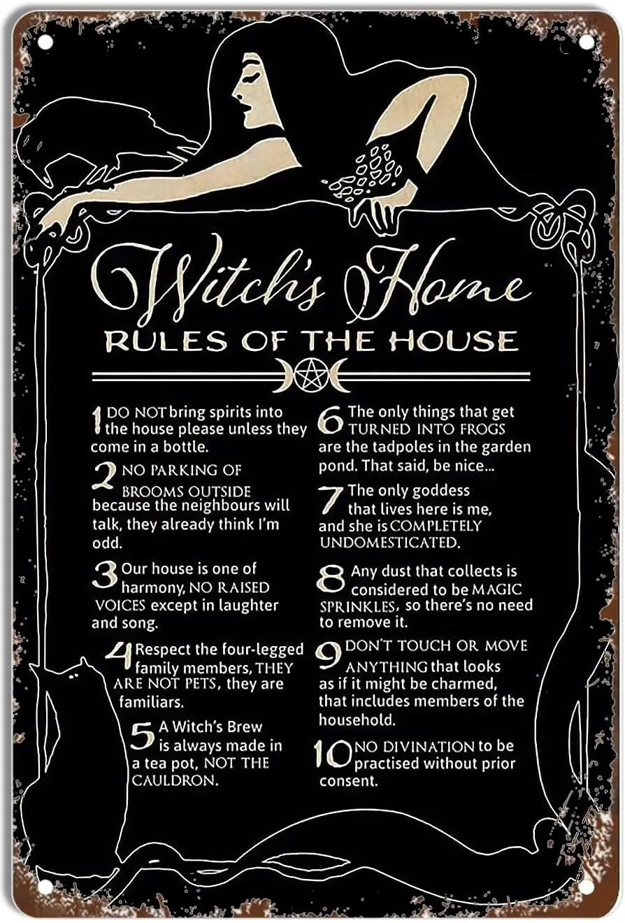 DHAEY Vintage Metal Tin Sign Witch's Home Rules of The House Witch Rules Tin Signs Iron Painting Home Family Lovers Gift Fun