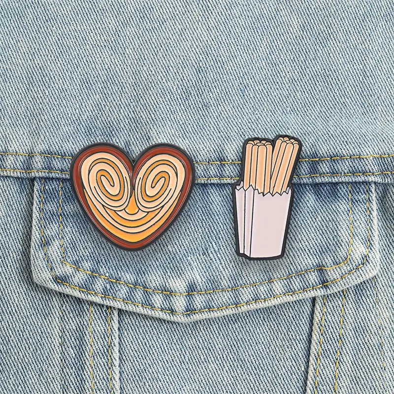 Mexikanische Churro Palmier Emaille-Anstecknadeln, Cartoon-Herz-Gebäck-Broschen, Lebensmittel-Snack-Abzeichen, spanischer Dessert-Schmuck, Geschenk für Freunde
