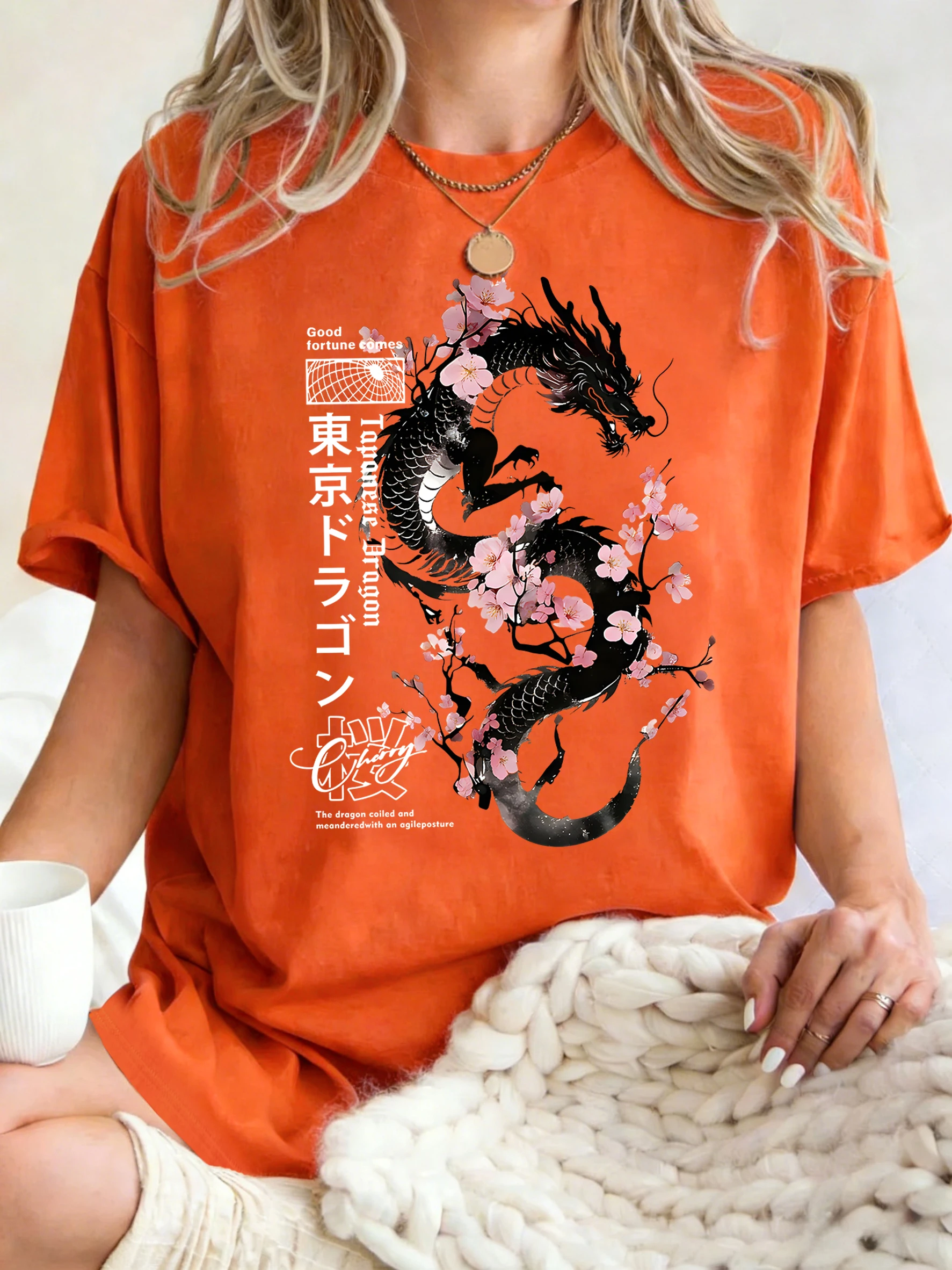 Japanese Tokyo Sword Cherry Blossom Printing T-Shirt Womens Cotton T Shirts O-Neck Summer Clothes Casual Breathable Sportswear