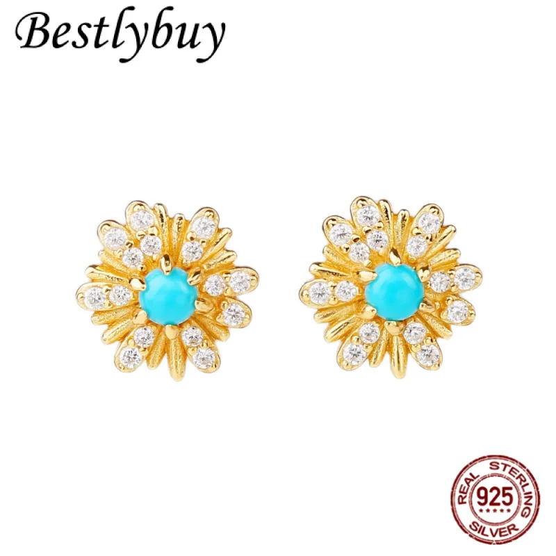 

New S925 Silver Gold-plated Natural Turquoise Daisy Earrings Women's Original Design Exquisite French Jewelry