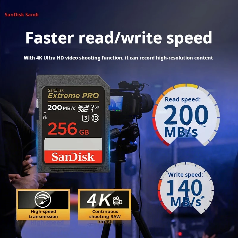 

Карта памяти SanDisk 256 ГБ SD, 4K V30 U3 C10, карта памяти камеры, скорость чтения 200 МБ/с, карта памяти для беззеркальных/DSLR камер