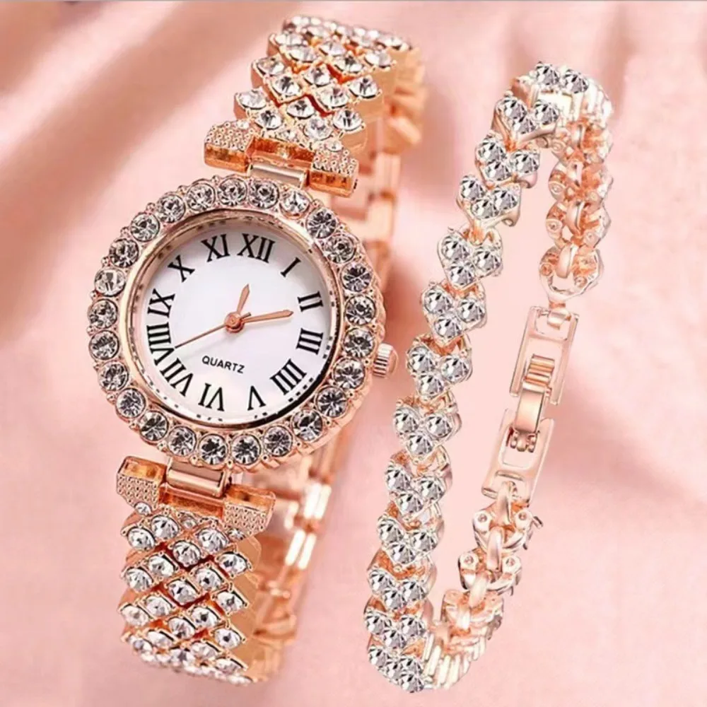 2PCS/Set Roma Dial Quartz Watches Stainless Steel Band Bling Bling Rhinestone Watch Wrist Watch Bracelet Set Women's Watch
