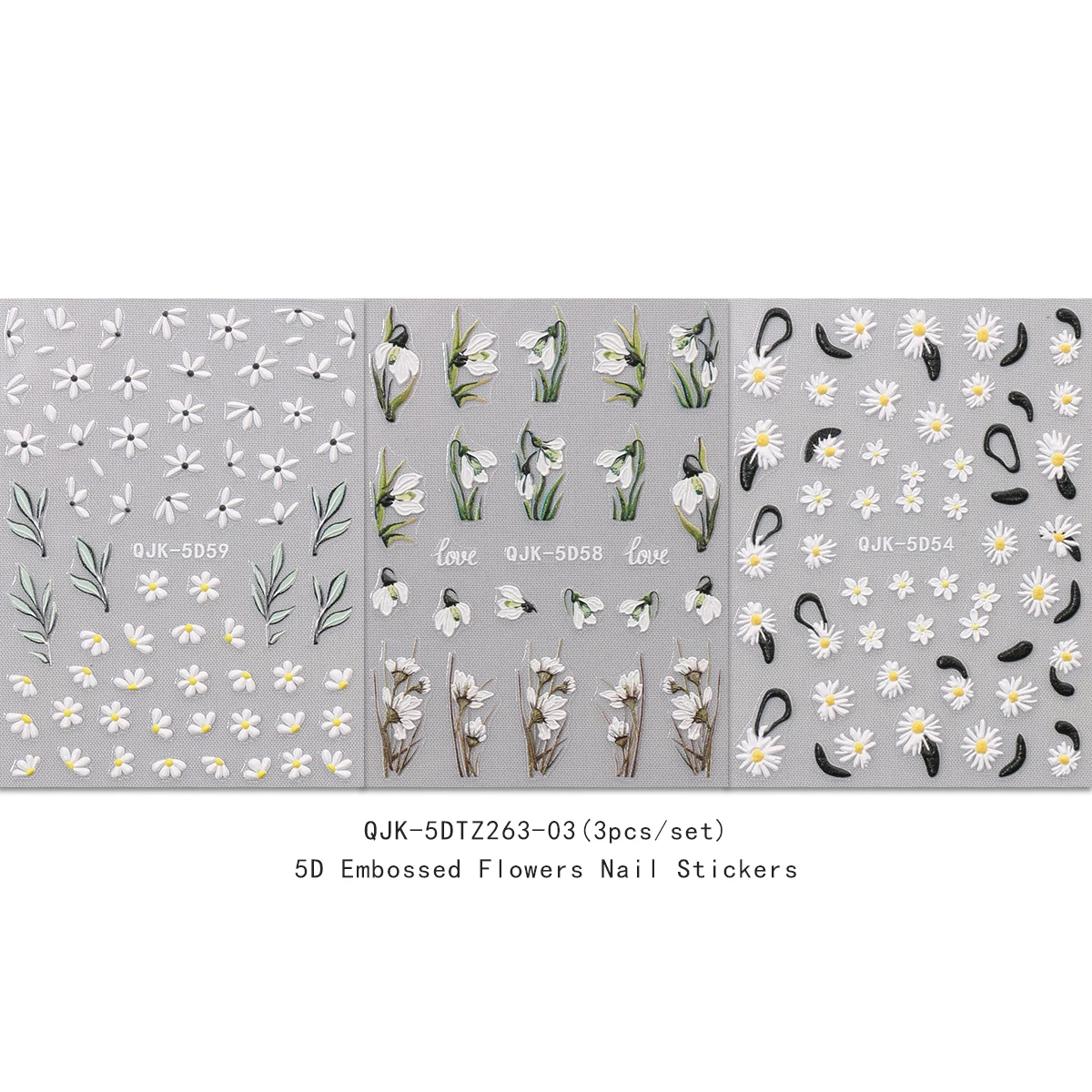 3pcs spring and summer flowers and plants delicate embossed nail art stickers, easy to apply for nail decoration, DIY, gifts, pa