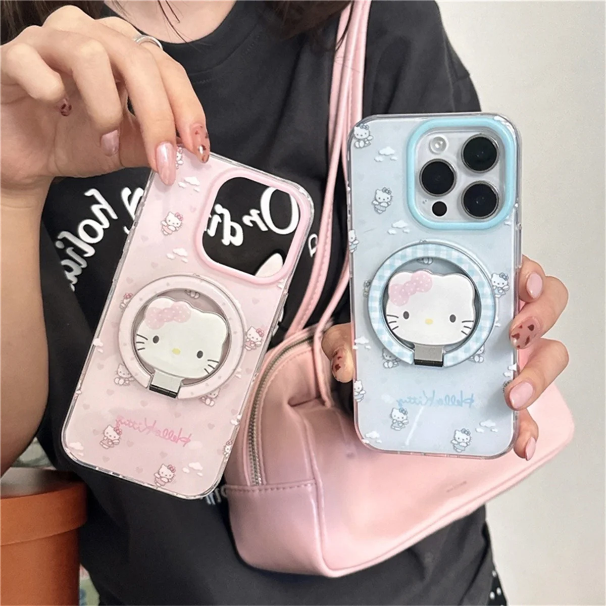 

Fashion Cute Clouds Hello Kitty Magnetic Phone Case For iPhone 15 Pro 13 14 16 Pro Max Cover with Love Stand Cases