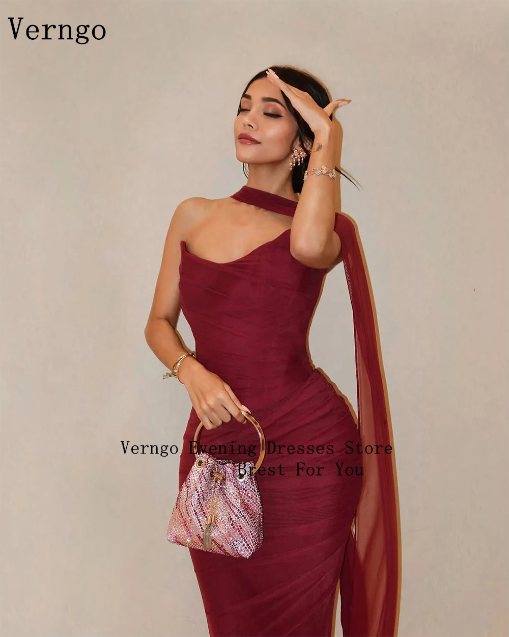 Verngo Elegant Dark Red Chiffon Evening Dress Strapless Mermaid Prom Party Dress Cape Maxi Slim Formal Occasion Dress Customized