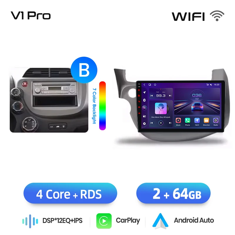 Junsun draadloze CarPlay Android Auto autoradio voor Honda Jazz Mk2 (GE) 2007-2014 met ingebouwde koelventilator, Android GPS navigatie, multimediaspeler, WiFi, DSP, RDS, BT, SWC, IPS touchscreen,