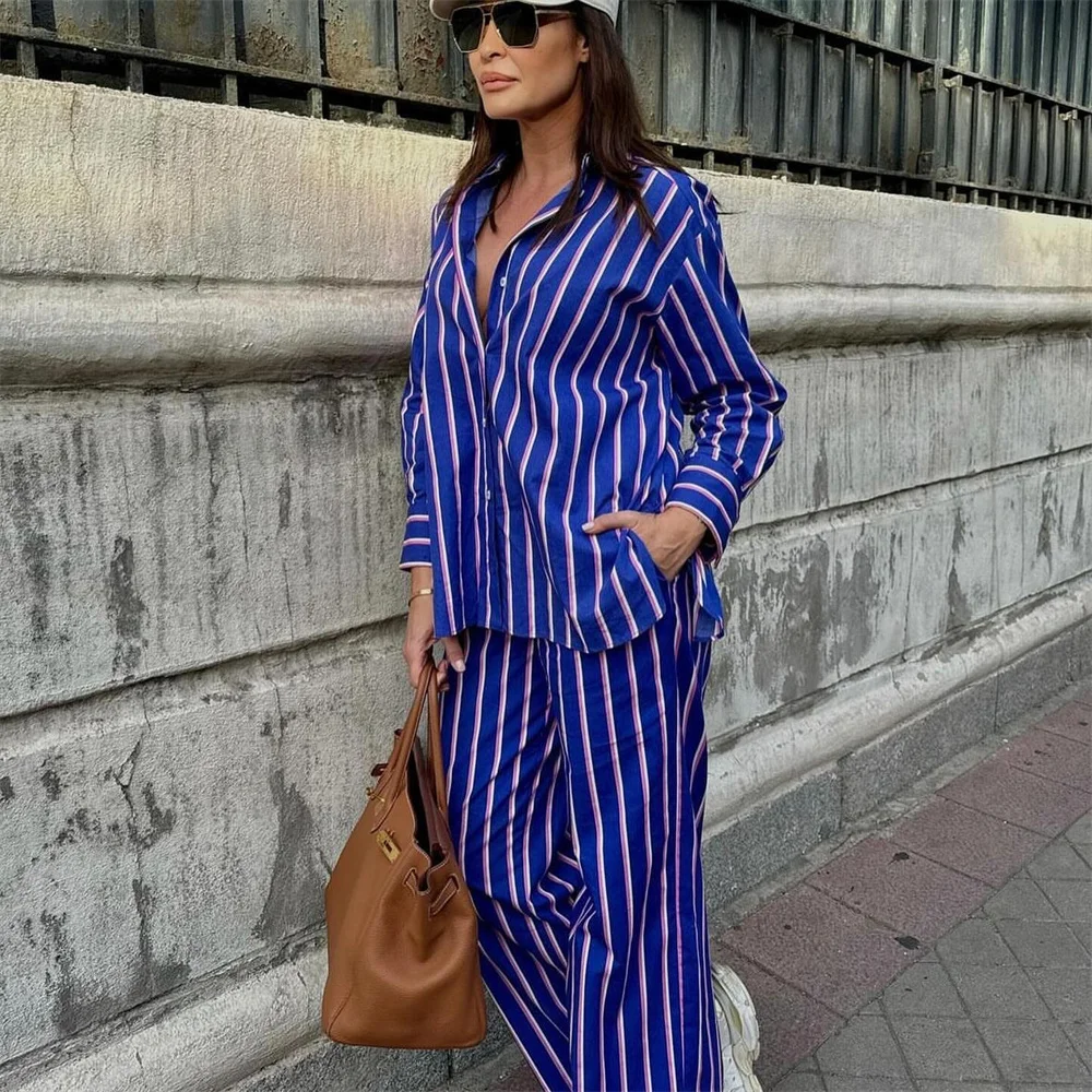 European And American Style 2024 Summer Women\'s New Fashion Casual Long Sleeved Striped Loose Shirt High Waisted Long Pants Set