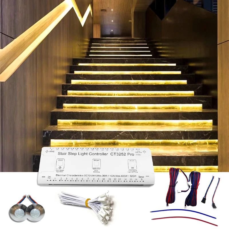 

Индукционный контроллер шагового освещения с полосой ходовых огней Контроллер лестницы виллы с датчиком человеческого тела с световой полосой погони