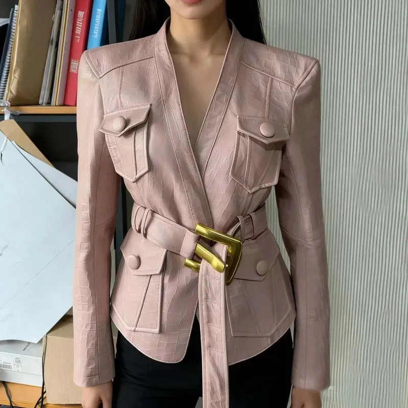 

100% Real Sheepskin Leather Jacket for Women - Crocodile Embossed Pattern V-Neck with Gold Buckle Belt Slim Fit Office & Cas