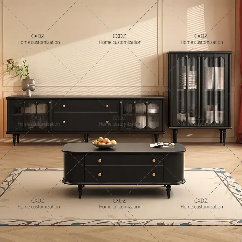 Medieval Style Glass Door Solid Wood Audio Visual Cabinet Living Room Wall Storage TV Cabinet Side Cabinet Combination
