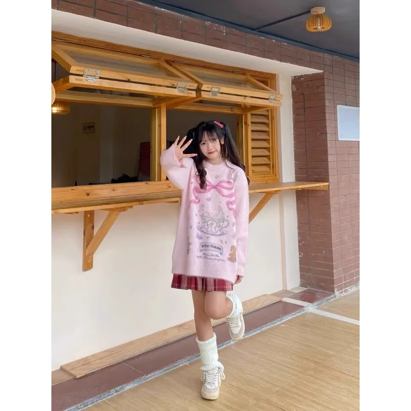 Japanese Cute Cartoon Rabbit Sweater Female Casual Vintage Pullovers Autumn Winter Korean Sweet Loose Women Pink Sweaters